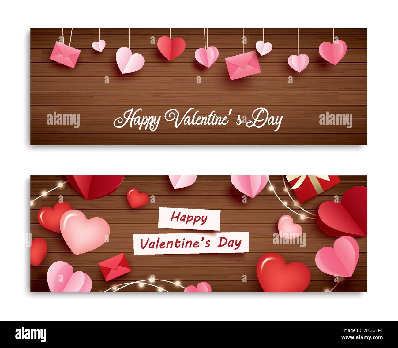 Valentinstag-Banner mit Herz auf Holzhintergrund und Typografie von Happy valentine's Day Text. Stock Vektor