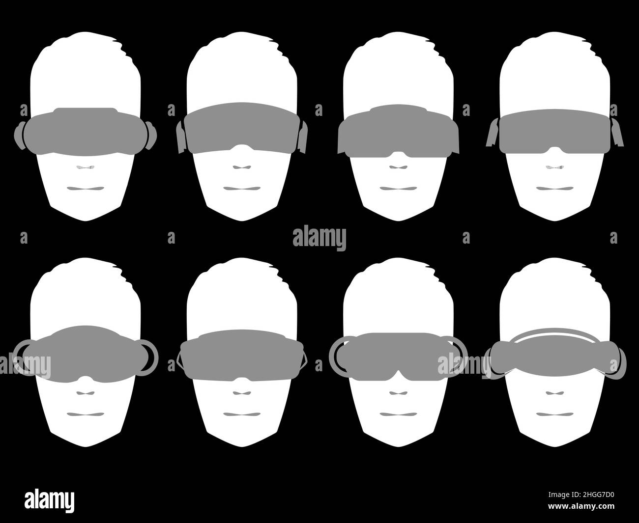 Weiße Silhouette eines Kopfes in einer Virtual-Reality-Brille, eine Reihe von Symbolen auf schwarzem Hintergrund isoliert. Menschliches Gesicht im VR-Headset. Virtual Reality-Glasse Stock Vektor