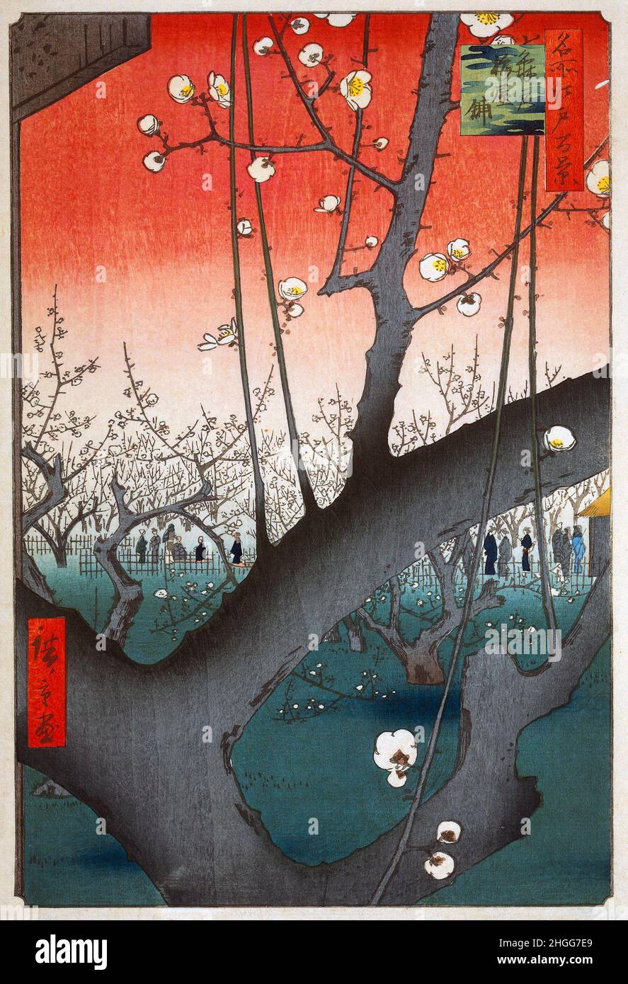 Japan: 'Plum Park in Kameido'. Ukiyo-e Holzschnitt von Utagawa Hiroshige(1797. - 12. Oktober 1858), 1857. Der blühende Pflaumengarten mit seinen weißen Blüten und dem roten Himmel gilt als Hiroshiges größtes Werk und ‘Meisterwerk der „sukiyo-e“ (schwimmende Welt) künstlerischen Tradition, die während der Edo-Zeit von 1603 bis 1868 populär war. Utagawa, oder Ando, Hiroshige wurde in Edo (heute Tokio) geboren und war ursprünglich ein Feuerwehrmann wie sein Vater. Er wurde zuerst von Katsushika Hokusai inspiriert, um ein Ukiyo-e Künstler zu werden, und er wurde von Utagawa Toyohiro, einem renommierten Maler, betreut. Stockfoto