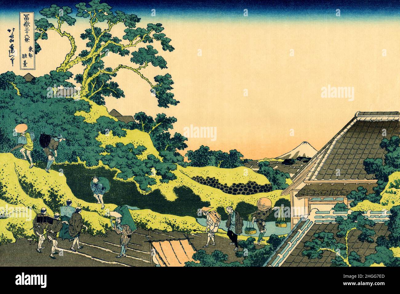 Japan: ‘Sundai, Edo’, auch bekannt als ‘Fuji vom Mishima Pass aus gesehen’. Ukiyo-e Holzschnitt aus der Serie '36 Ansichten des Fuji' von Katsushika Hokusai (31. Oktober 1760 - 10. Mai 1849), c. 1830. Der Fuji ist mit 3.776,24 m (12.389 ft) der höchste Berg Japans. Der Fuji, ein aktiver Stratovulkan, der zuletzt 1707–08 ausbrach, liegt etwa 100 km südwestlich von Tokio. Der außergewöhnlich symmetrische Kegel des Fuji ist ein bekanntes Symbol und Symbol Japans und wird häufig in Kunst und Fotografien dargestellt. Es ist eines der ‘drei Heiligen Berge’ Japans, zusammen mit dem Berg Tate und dem Berg Haku. Stockfoto