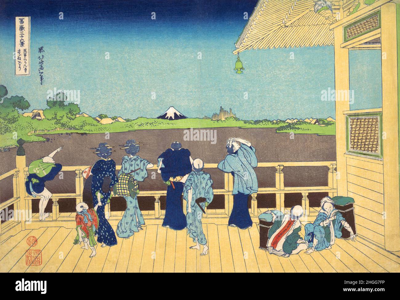 Japan: ‘Sazai Hall - Tempel der fünfhundert Rakan’. Ukiyo-e Holzschnitt aus der Serie ‘Thirty-Six views of Mount Fuji’ von Katsushika Hokusai (31. Oktober 1760 - 10. Mai 1849), 1830. ‘Thirty-Six Views of Mount Fuji’ ist eine Serie von Holzschnitten der japanischen Künstlerin Katsushika Hokusai, die „Sukiyo-e“ ‘. Die Serie zeigt den Fuji in unterschiedlichen Jahreszeiten und Wetterbedingungen an verschiedenen Orten und Entfernungen. Es besteht tatsächlich aus 46 Drucken, die zwischen 1826 und 1833 entstanden sind. Die ersten 36 wurden in die ursprüngliche Publikation aufgenommen und aufgrund ihrer Popularität kamen 10 weitere hinzu. Stockfoto
