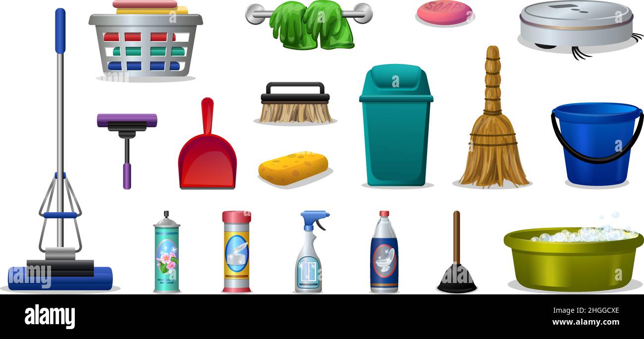 Symbole für sauberere Geräte stellen einen Cartoon-Vektor ein. Hygienedesifektant. Saubere Chemikalien Stock Vektor