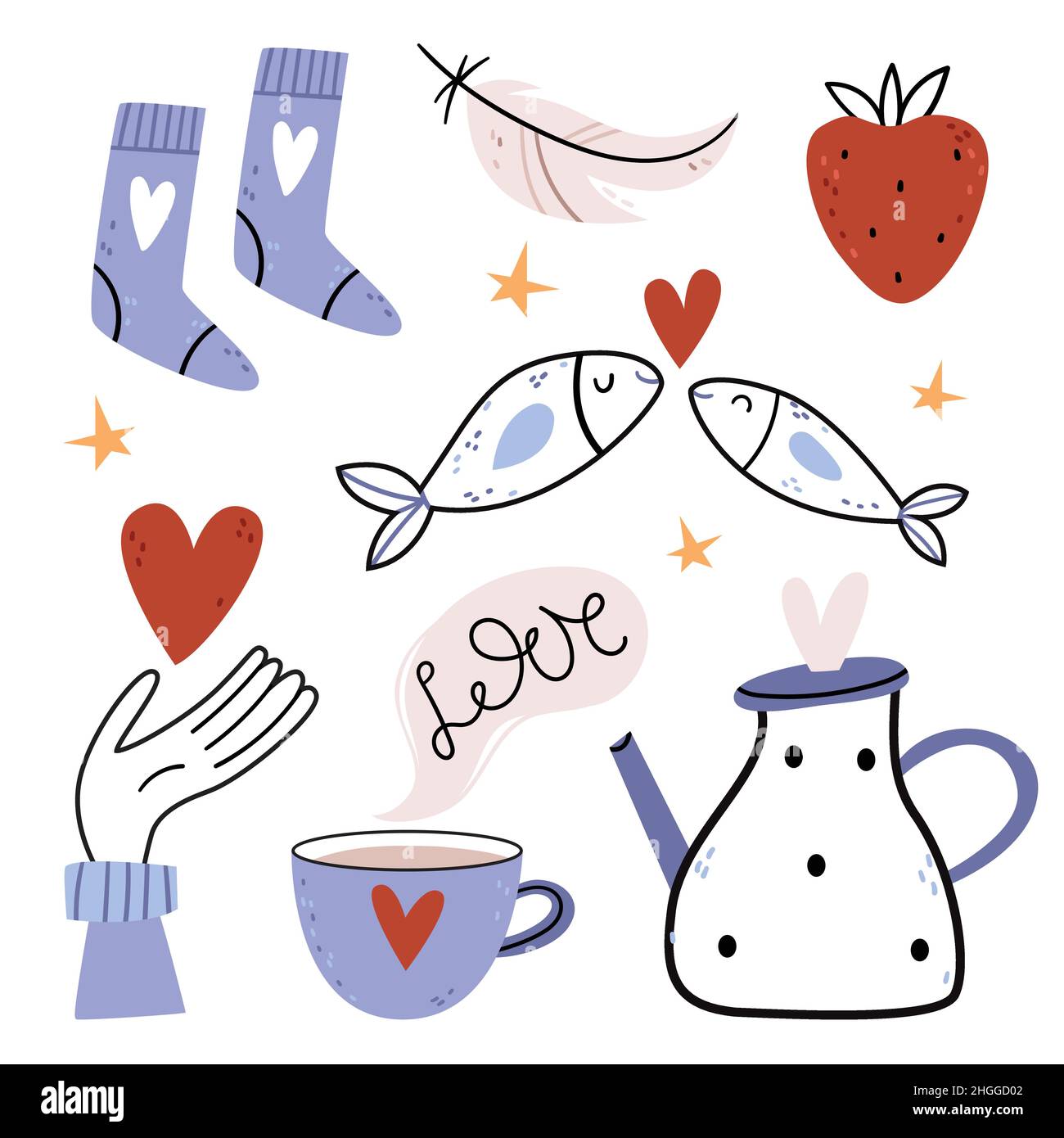 Set mit einfachen Illustrationen zum Valentinstag. Teekannen und Becher, blaue Socken, verliebte Fische, Erdbeeren, Federn Stock Vektor