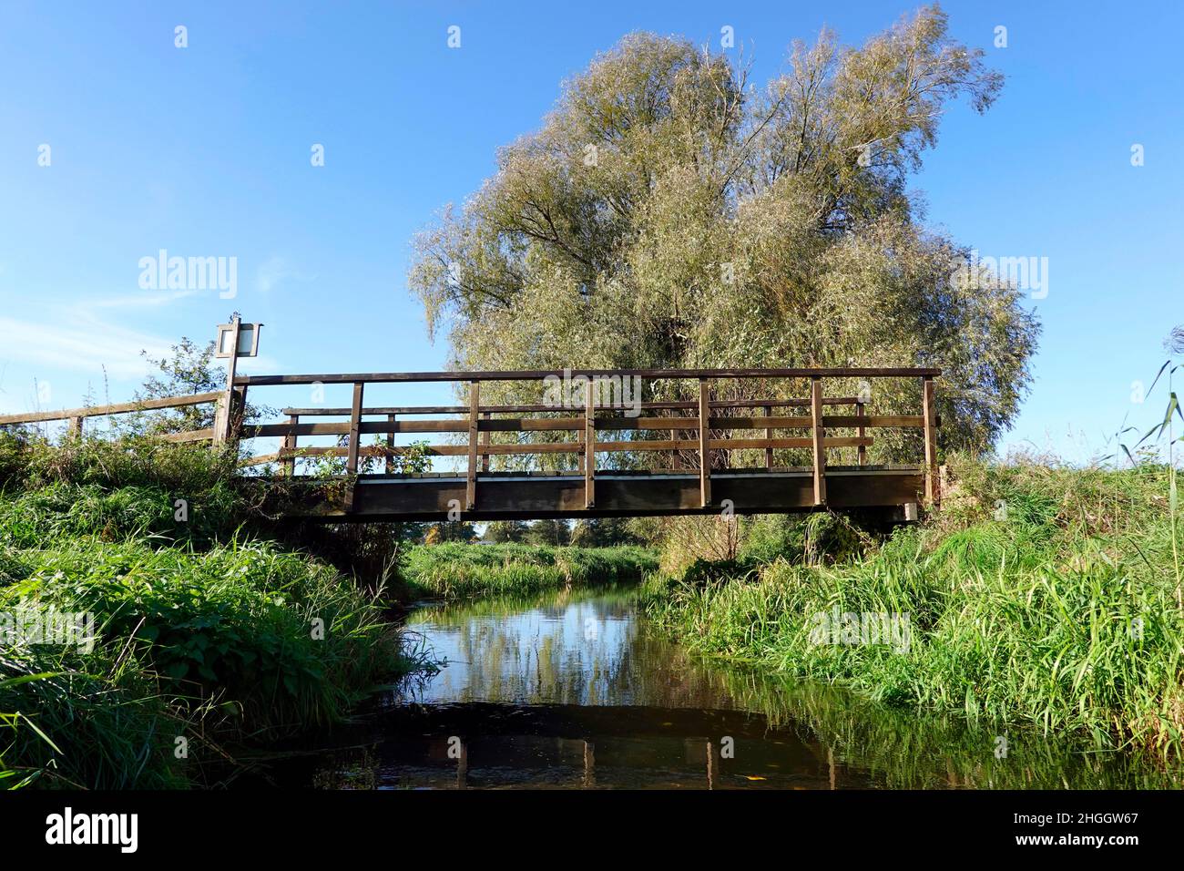 Holzfußbrücke über die Wipperau, Deutschland, Niedersachsen, Oetzen Stockfoto