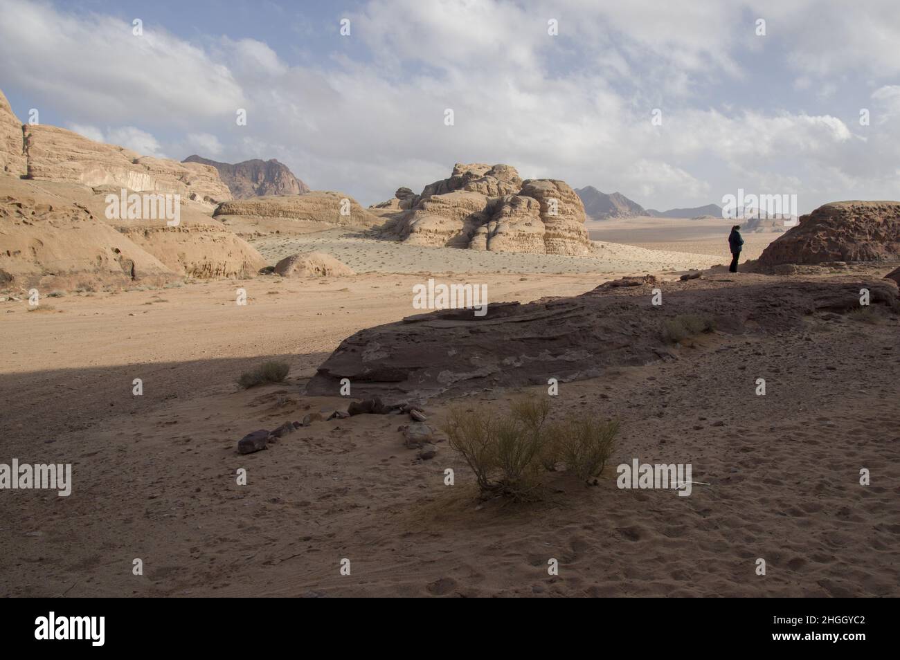 Wüstenlandschaft des Wadi Rum, einer Schlucht in Jordanien mit rotem Sand und Felswänden. Stockfoto