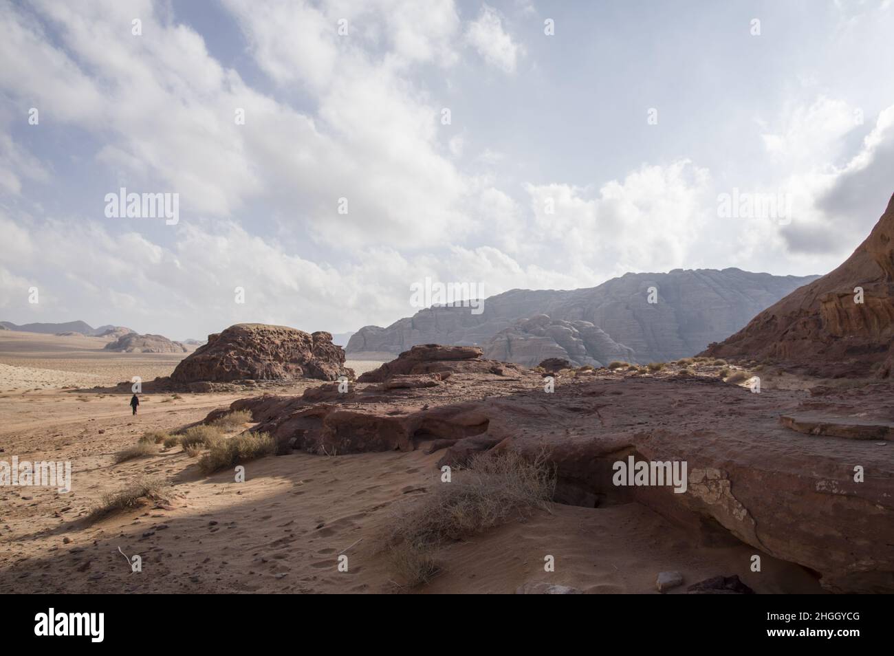 Wadi Rum Touristenattraktion in Jordanien mit einer einsamen Person von hinten in der riesigen Wüstenlandschaft mit Canyons und rotem Sand und blauem bewölktem Himmel Stockfoto