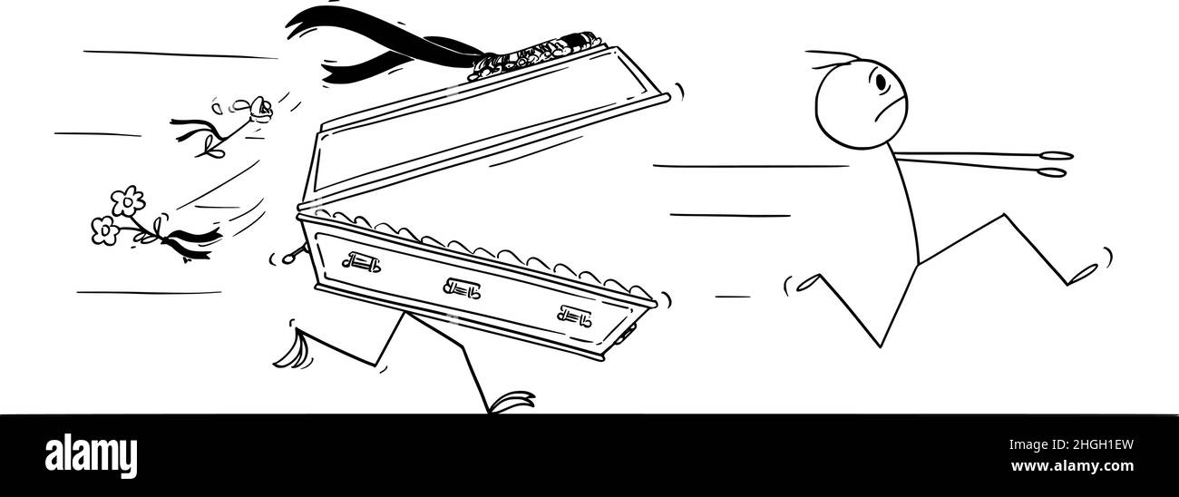 Person läuft in Angst, Coffin als Tod Symbol Jagd ihn, Vektor Cartoon Stick Abbildung Stock Vektor