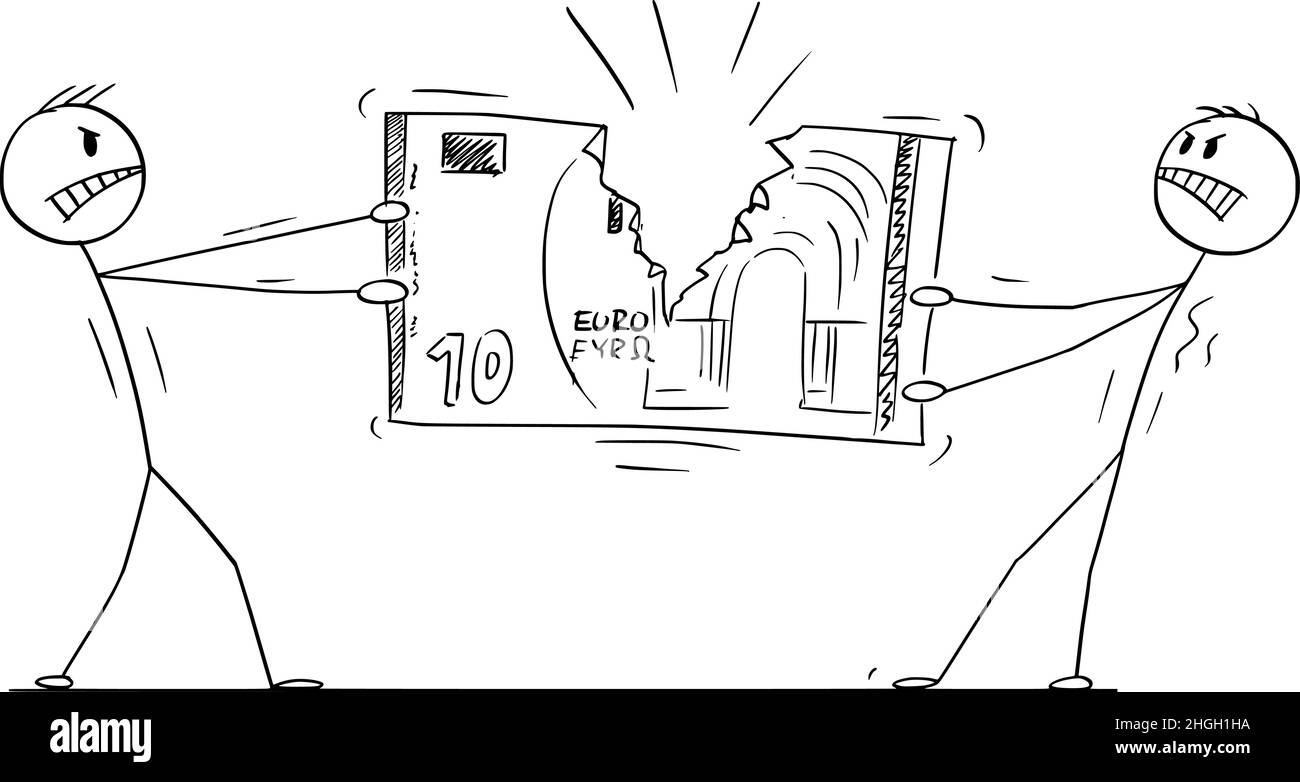 Zwei Geschäftsleute kämpfen für den Zerreißen Euro Bill, Vektor Cartoon Stick Abbildung Stock Vektor