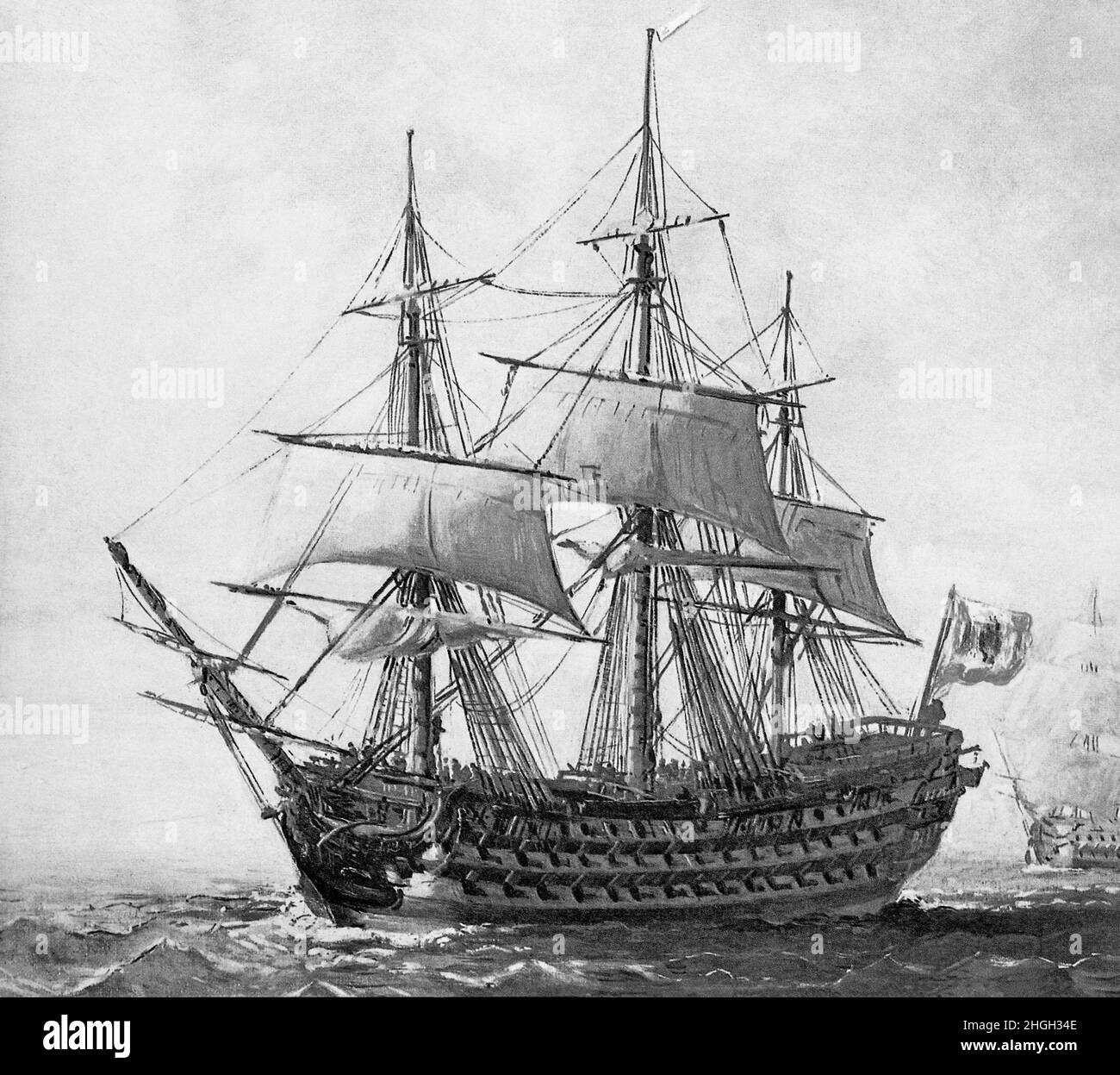 Eine monochrome Illustration des spanischen Linienschiffs "San Hermenegildo", einem Kanonenschiff aus dem Jahr 112, das 1789 in Havanna, Kuba, gestartet wurde. Während der Schlacht von Algeciras Bay im Juli 1801 wurde das Schiff zerstört, als die 'Superb' ein britisches Schiff abfeuerte und die San Hermenegildo traf. Ein weiteres spanisches Schiff, der Real Carlos, wurde in Brand gesteckt und die beiden spanischen Schiffe verwechselten sich gegenseitig für britische Schiffe und begannen ein wütendes Duell, bis ein plötzlicher Windstoß die beiden Schiffe zusammenbrachte und ihre Takelage verwickelte. Die Hermenegildo geriet ebenfalls in Brand und die beiden Schiffe explodierten. Stockfoto