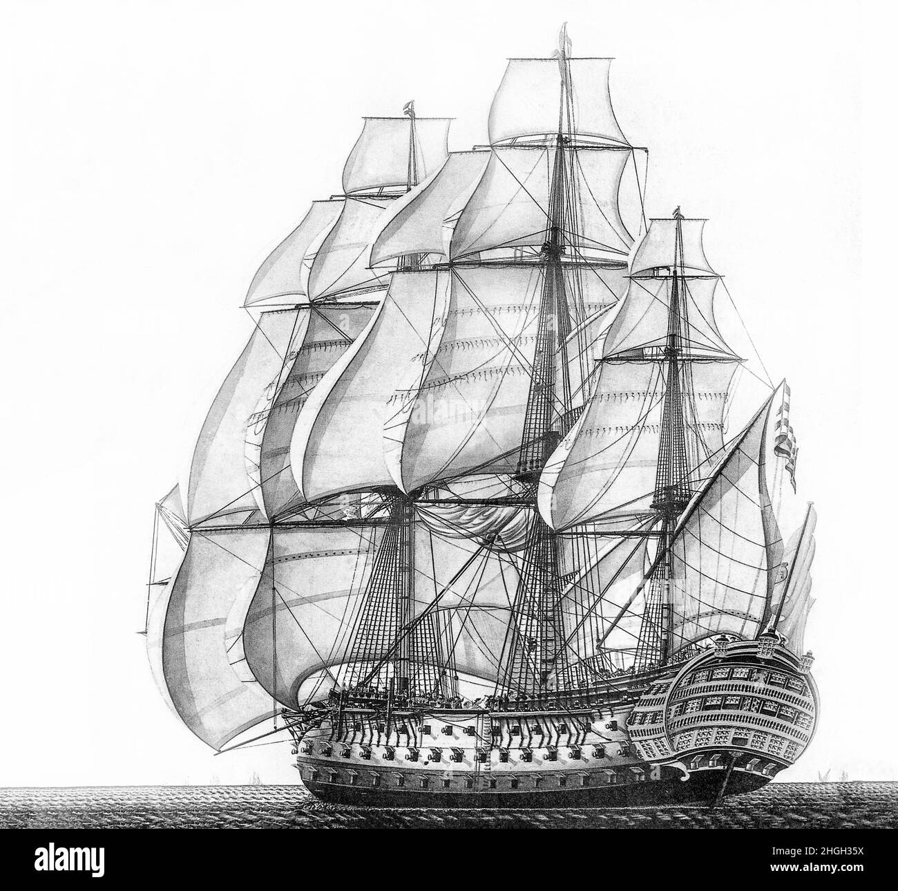 Eine monochrome Illustration des spanischen Schiffes 'Santísima Trinidad', eines spanischen, erstklassigen Linienschiffs mit 112 Geschützen. Dies wurde auf 140 Kanonen um 1802 erhöht, wodurch in der Tat ein kontinuierliches viertes Schießdeck geschaffen wurde, obwohl die zusätzlichen Kanonen, die hinzugefügt wurden, tatsächlich relativ klein waren. Sie war das schwerbewaffnete Schiff der Welt, als sie wieder aufgebaut wurde, und trug die meisten Geschütze aller Schiffe der Linie, die im Zeitalter von Sail ausgestattet waren. Sie nahm am 21. Oktober 1805 an der Schlacht von Trafalgar Teil, als Teil der kombinierten französisch-spanischen Flotte. Stockfoto