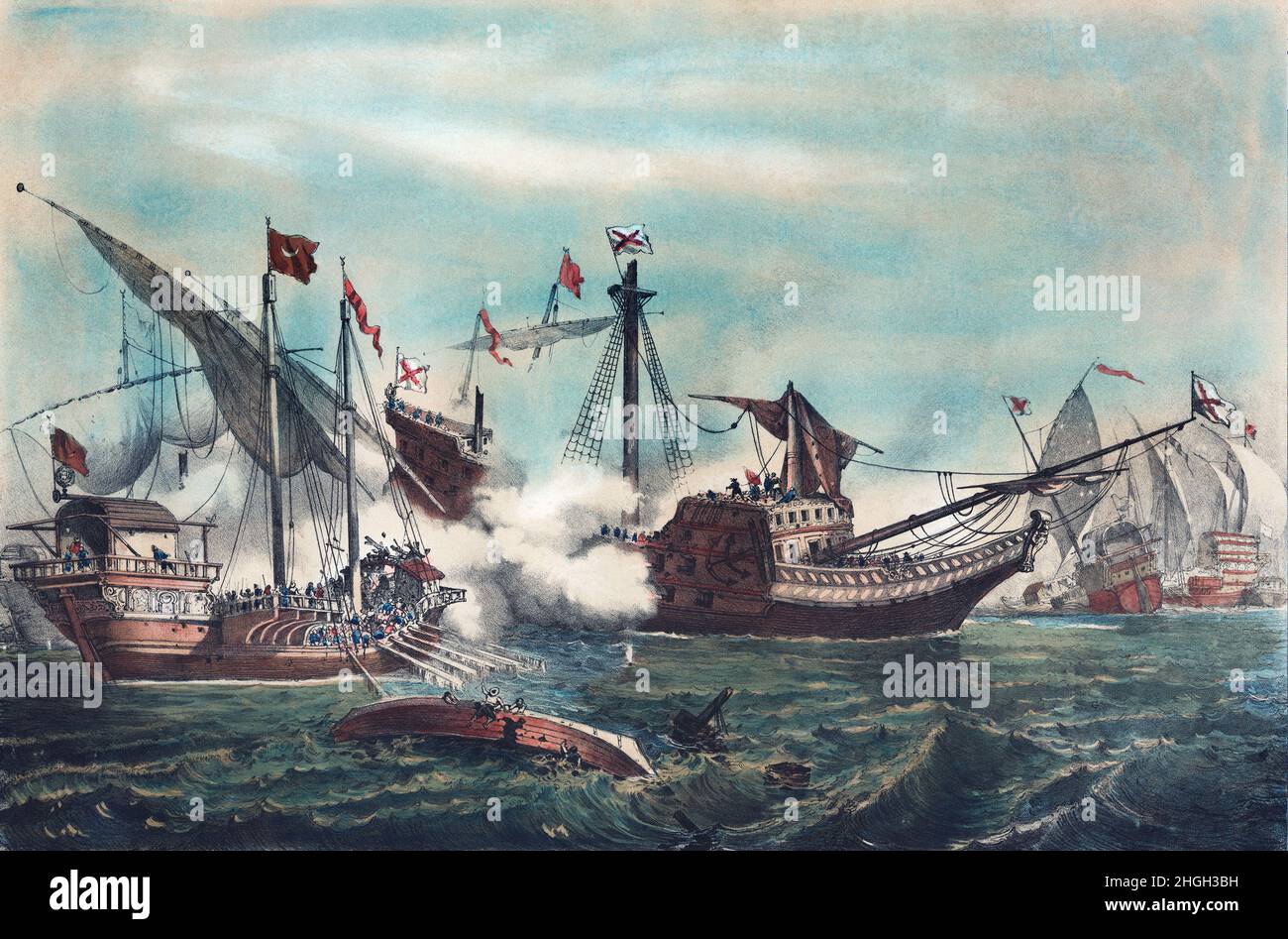 Die Schlacht von Preveza war eine Seeschlacht, die 1538 in der Nähe von Preveza im Ionischen Meer im Nordwesten Griechenlands zwischen einer osmanischen Flotte und der einer Heiligen Liga stattfand, die von Papst Paul III. Versammelt wurde Es war eine der drei größten Seeschlachten, die im 16. Jahrhundert im Mittelmeer stattfanden, abd wurde der größte Sieg der Osmanen gegen die Europäer. Lithographie von Vicente Urrabieta y Ortiz, 1859. Stockfoto Die Schlacht von Preveza war eine Seeschlacht, die 1538 in der Nähe von Preveza im Ionischen Meer im Nordwesten Griechenlands zwischen einer osmanischen Flotte und der einer Heiligen Liga stattfand, die von Papst Paul III. Versammelt wurde Es war eine der drei größten Seeschlachten, die im 16. Jahrhundert im Mittelmeer stattfanden, abd wurde der größte Sieg der Osmanen gegen die Europäer. Lithographie von Vicente Urrabieta y Ortiz, 1859. Stockfoto