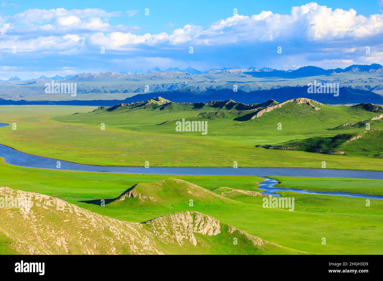 Bayinbuluke Grasland Naturlandschaft in Xinjiang, China.der gewundene Fluss liegt auf dem grünen Grasland. Stockfoto