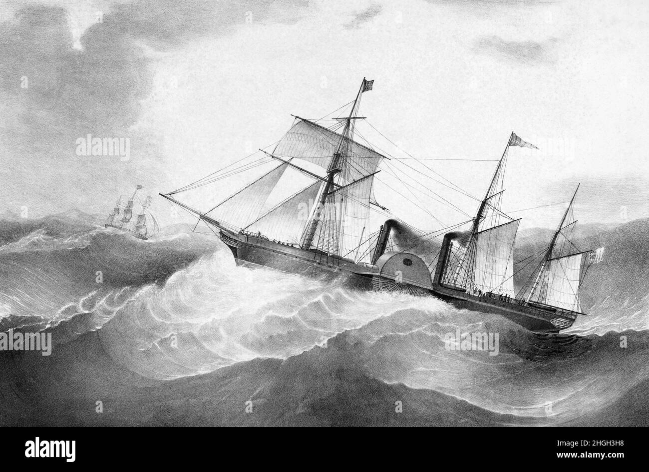 Eine 19th-Jahrhundert-Illustration der ersten Passage eines transatlantischen Paddle-Dampfschiffs, das im Oktober 1838 von Liverpool nach New York segelte. Herausgegeben von H. R. Robinson aus New York, USA. Stockfoto