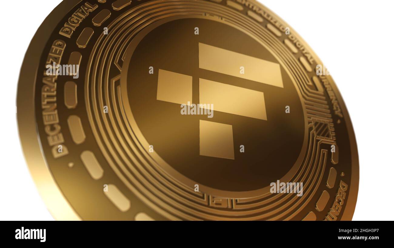 Golden Cryptocurrency of FTX Token FTT Sign isoliert auf weißem Hintergrund Stockfoto