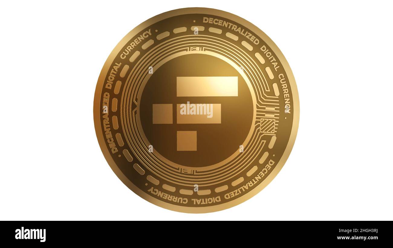3D Rendern des FTT-Kryptowährungszeichens des Gold FTX-Tokens auf weißem Hintergrund Stockfoto