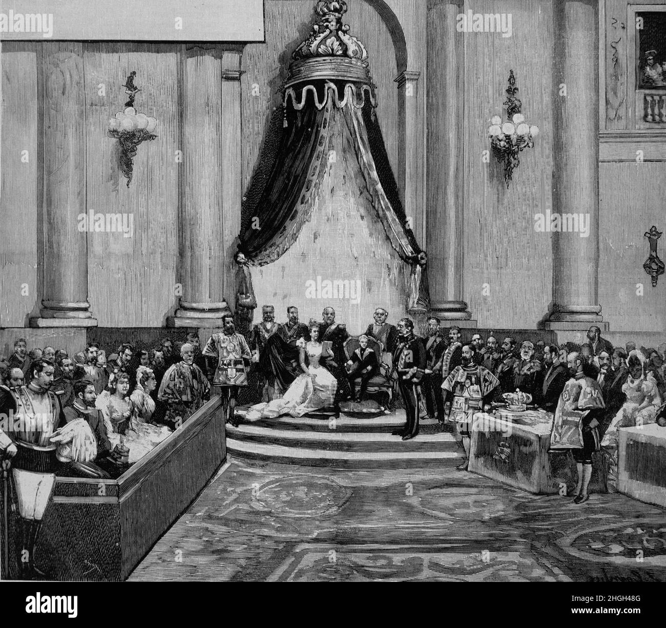 MARIA CRISTINA DE HABSBURGO. REINA DE ESPAÑA . 1858 - 1929. SE CASO CON ALFONSO XII EN EL AÑO 1879. ' DISCURSO DE LA CORONA JUNTO A SU HIJO EN EL PALACIO DEL SENADO , AÑO 1893 '. DIBUJO DE J . COMBA. ILUSTRACION ESPAÑOLA Y AMERICANA. Autor: JUAN COMBA. Stockfoto