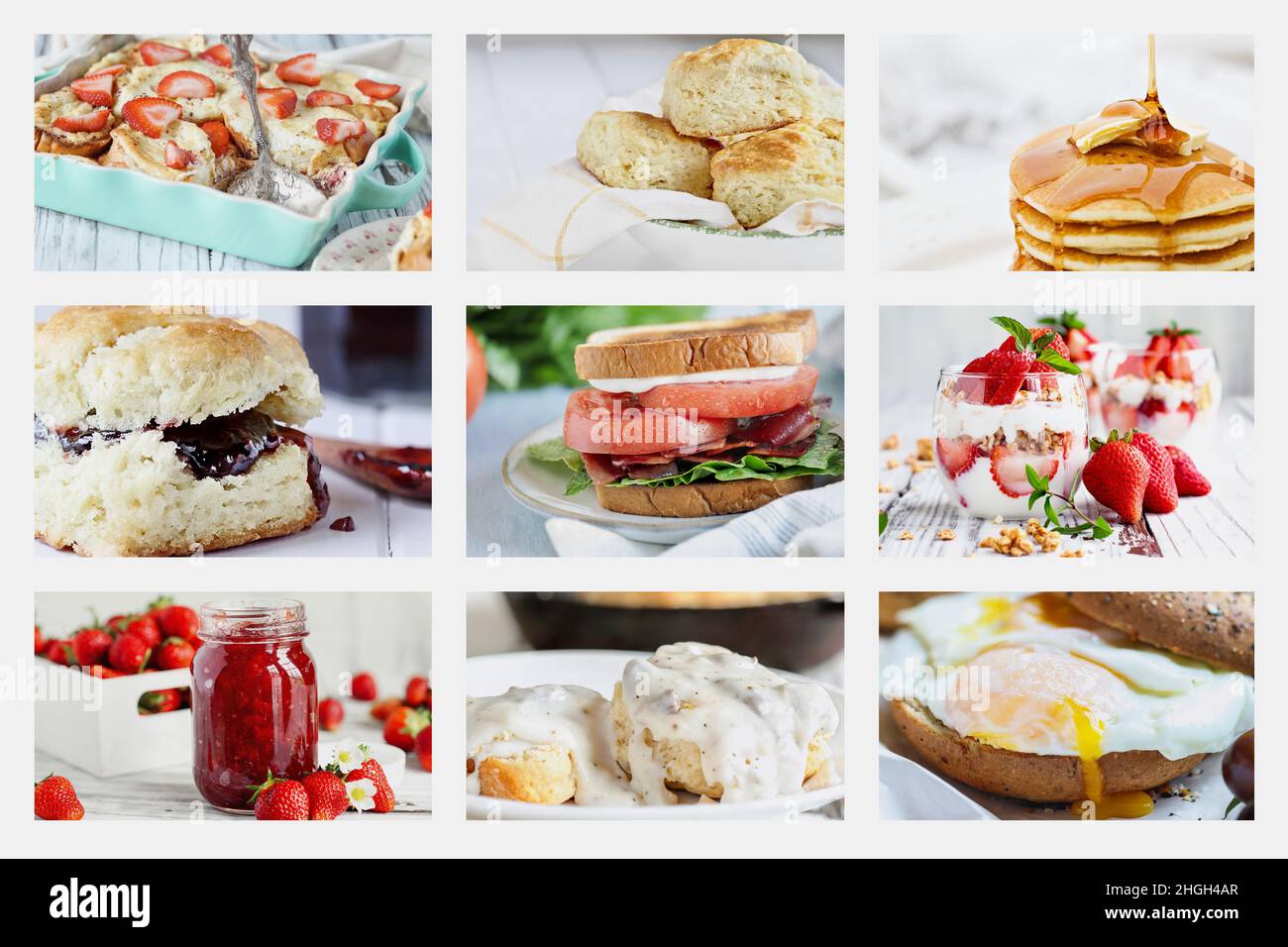 Collage aus amerikanischem Frühstück mit french Toast, Gebäck aus dem Süden, Pfannkuchen, Parfaits, Marmelade, Eier, Kekse und Soße. Stockfoto