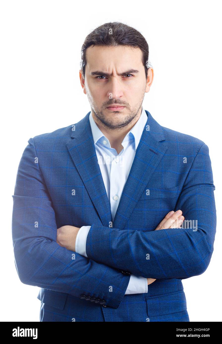 Porträt eines Geschäftsmanns, der strapaziert, isoliert auf weißem Hintergrund aussieht. Wütend beiläufiger reifer Mann reagiert verärgert, negativer Gesichtsausdruck. Stockfoto