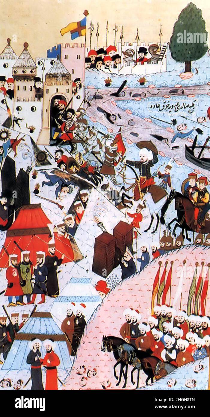 Die Schlacht von Belgrad, türkischer Angriff, angeführt von Süleyman I., in der Mitte des Bildes, mit weißem Turban, die Bombardierung der Stadt durch Kanonen; europäische Armee auf den Mauern, in ruhiger Erwartung der Invasionstruppen, 1584 / die Schlacht von Belgrad, türkischer Angriff, angeführt von Suleyman I., im Zentrum des Gemäldes, mit weißem Turban, die Bombardierung der Stadt durch Kanonen; Europäische Armee an den Wänden, ruhig wartende Invasionsstreitkräfte, 1584', Historisch, historisch, digital verbesserte Reproduktion eines Originalkunstwerks aus der Zeit / digital restaurierte Produktion einer Original Stockfoto
