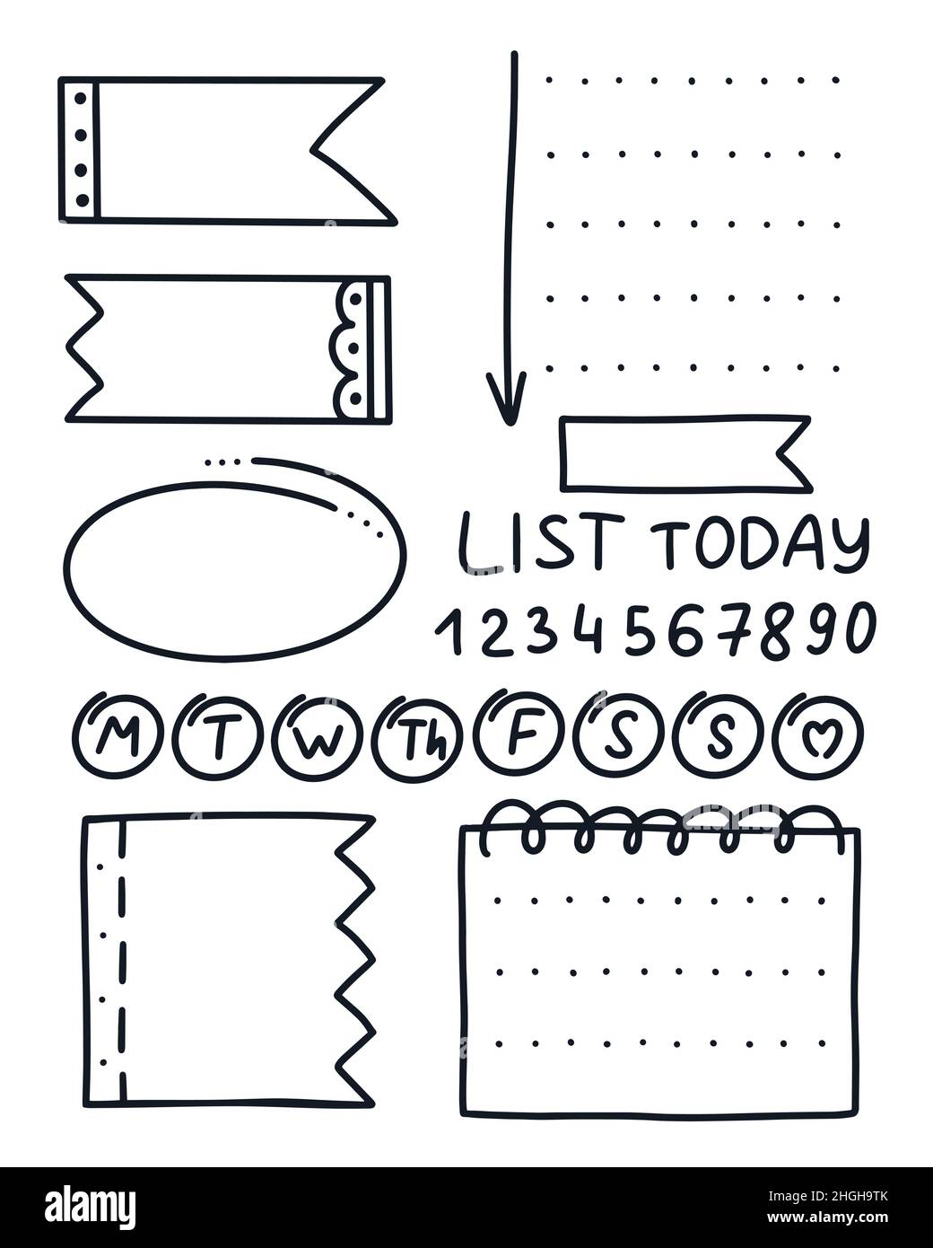 Legen Sie Ticker und Elemente für den Doodle-Stil des Planers fest Stock Vektor