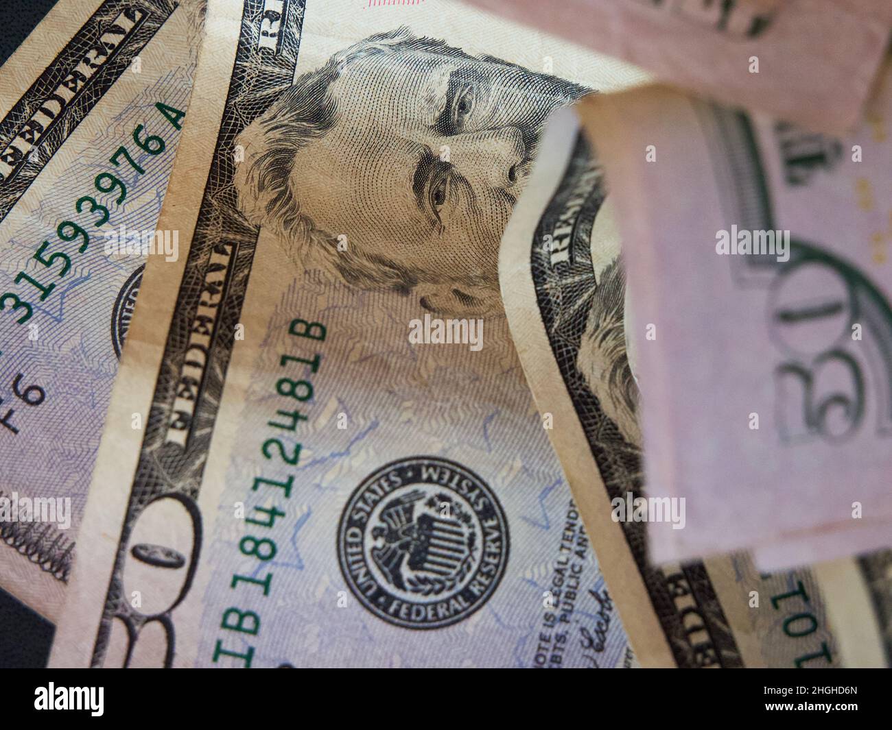 Porträt von Präsident Ulysses S. Grant auf einem 50-Dollar-Schein. Nahaufnahme des amerikanischen Papiergeldes. Stockfoto