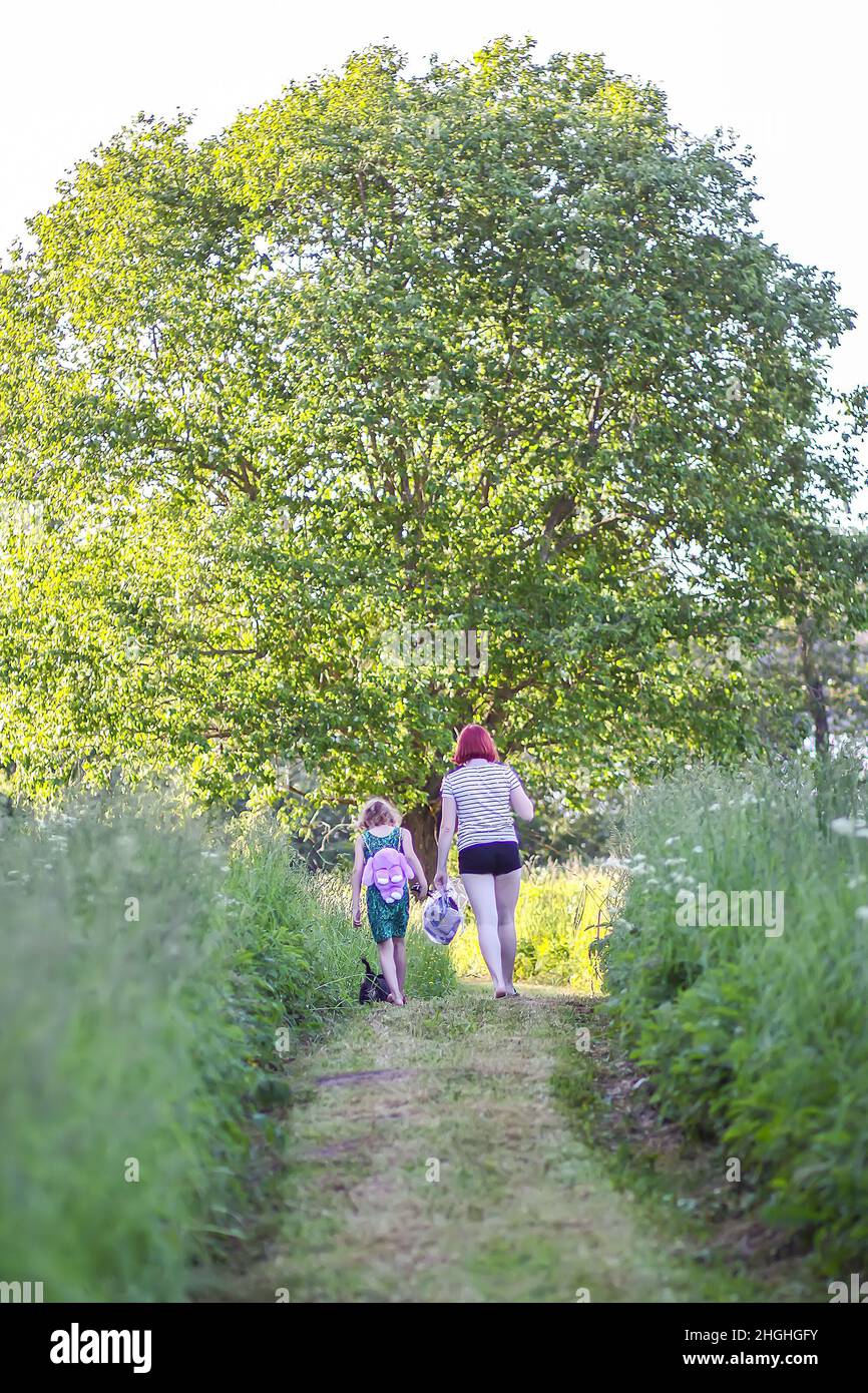 Zwei Mädchen in Sommerkleidern gehen auf dem Fußweg im grünen Sommerfeld. Stockfoto