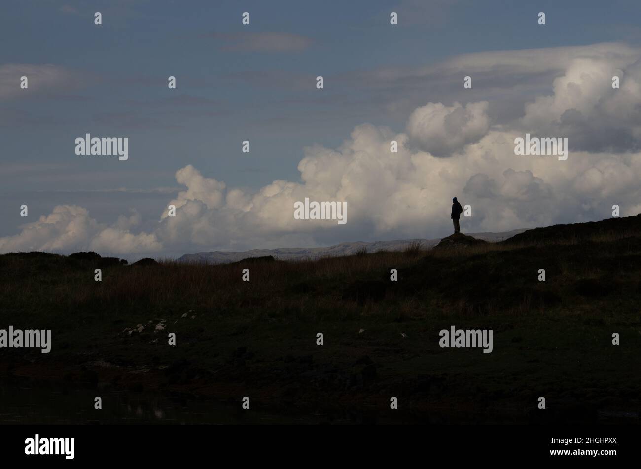 Walker betrachtet die Aussicht auf Puilladobhrain Anchorage, Schottland Stockfoto