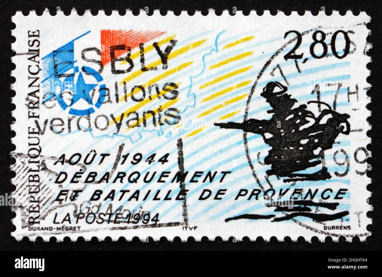 FRANKREICH - UM 1994: Eine in Frankreich gedruckte Briefmarke zeigt alliierte Landungen in der Provence, 50th. Jahrestag, um 1994 Stockfoto