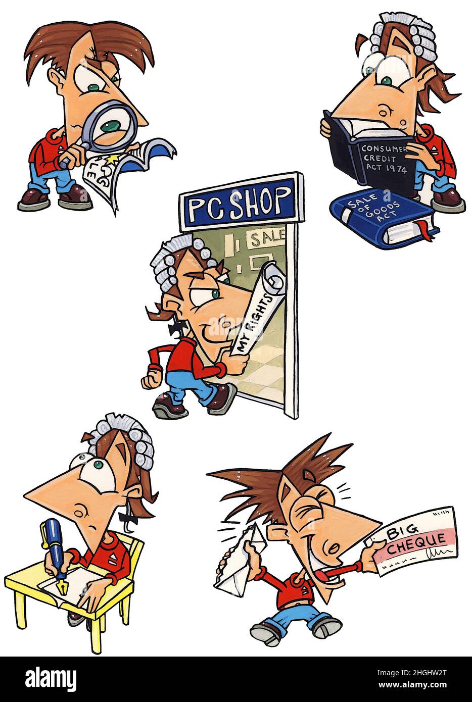 Serie von Cartoons-Illustrationen, die einen verärgerten Kunden zeigen, der seine Verbraucherrechte erforscht und schließlich sein Geld für fehlerhafte Waren zurückfordert. Stockfoto