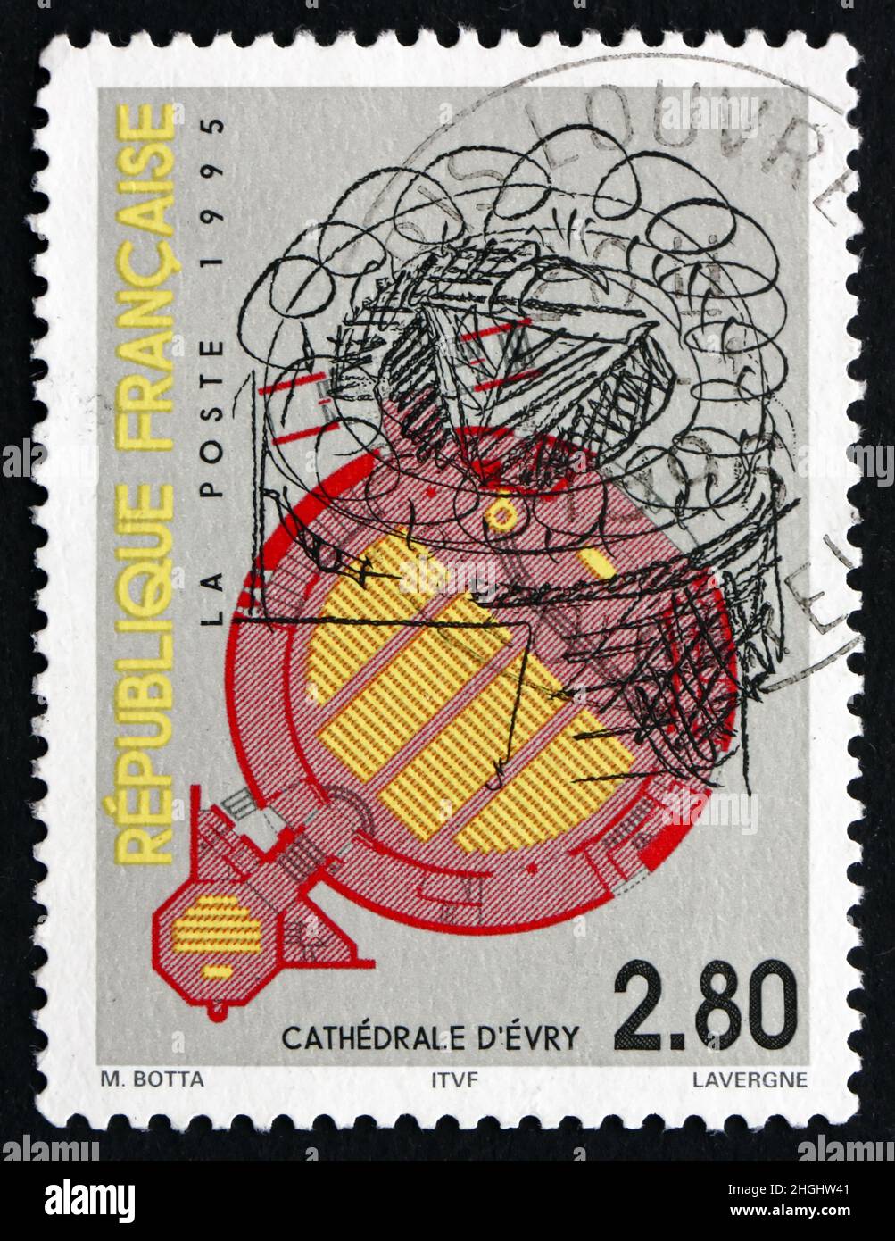 FRANKREICH - UM 1995: Eine in Frankreich gedruckte Briefmarke zeigt die Kathedrale von Evry, Saint Corbinian, die Kathedrale des 20th. Jahrhunderts, um 1995 Stockfoto
