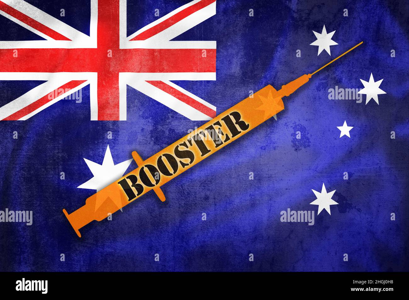 Abbildung der australischen Grunge-Flagge mit Booster-Impfnadel, Abbildung der Covid-19-Pandemie Stockfoto