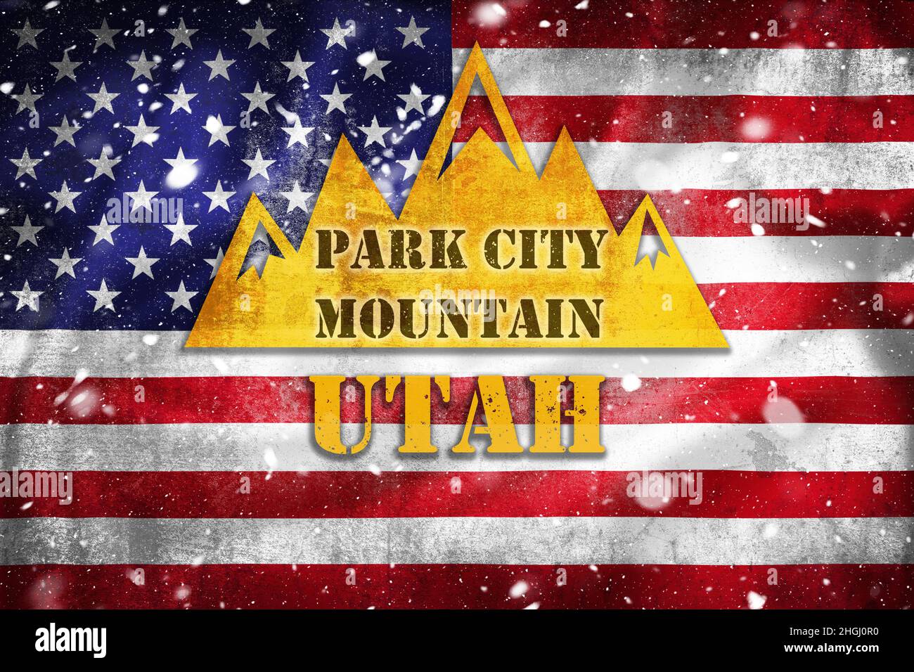 Park City Mountain Utah Banner-Illustration auf US-Flagge und Schneeschicht, Skigebiet in United starts of America Stockfoto