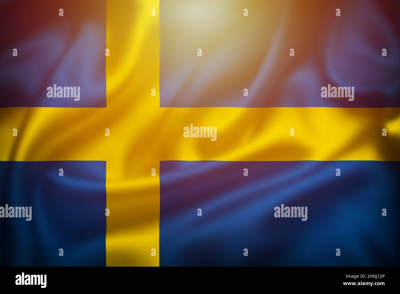 Schwedische Flagge Seide Oberfläche Illustration mit Sonne Dunst Ansicht, schwedisches Symbol Stockfoto