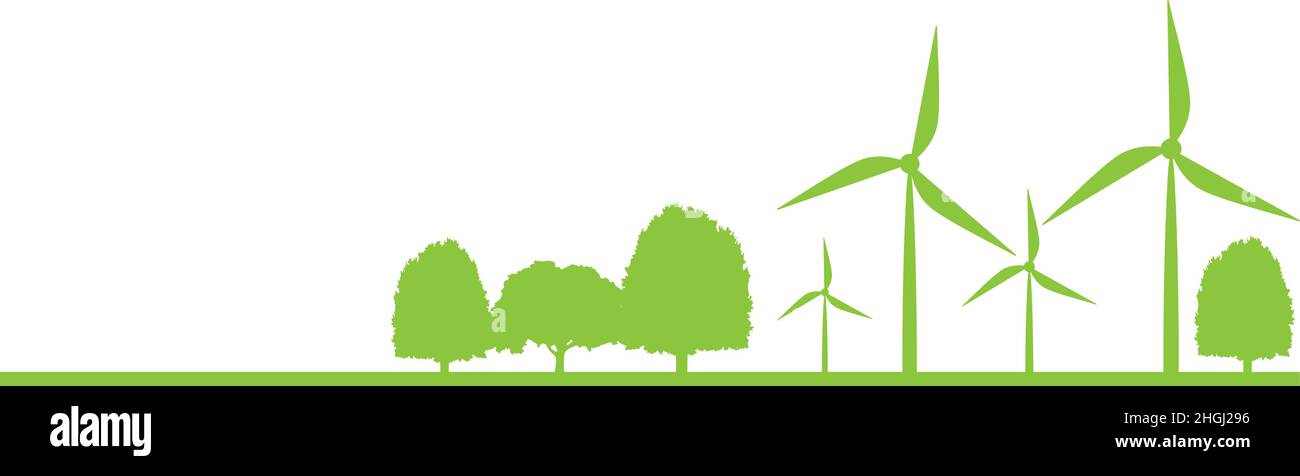 Nachhaltige grüne Energie Konzept Banner, Windpark auf grünem Boden mit Bäumen, Vektor-Illustration Stock Vektor