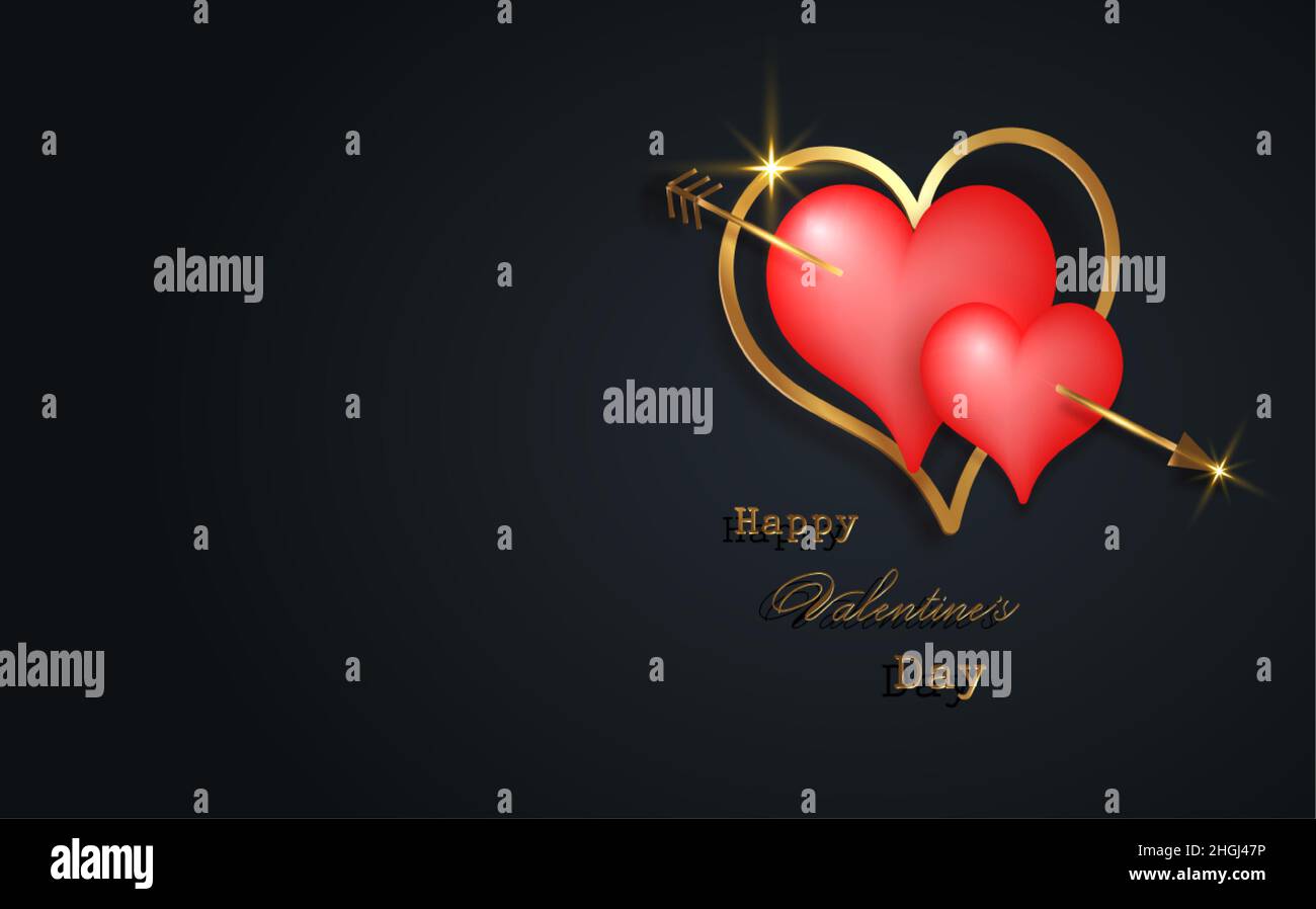 Happy Valentines Day Vektor-Banner Grußkarte. Goldene und rote Herzen auf schwarzem Hintergrund. Goldenes Urlaubsposter mit Text, Juwelen. Konzept Zum Valentinstag Stock Vektor