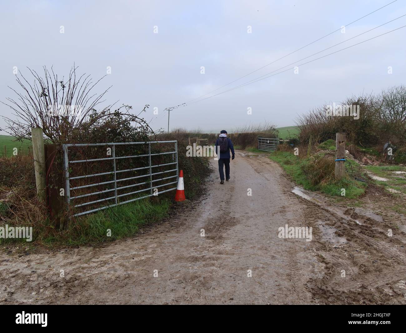 Ein Mann, der auf einem öffentlichen Fußweg in Richtung Martinstown von Dorchester weg geht Stockfoto