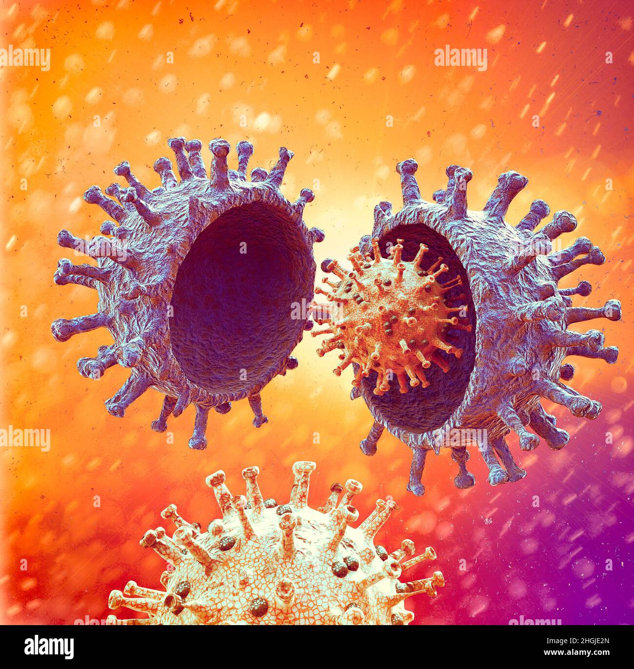 Covid-19 unter dem Mikroskop gesehen. Virusvariante, Coronavirus, Spike-Protein. SARS-CoV-2, 3D-Rendering Stockfoto Covid-19 unter dem Mikroskop gesehen. Virusvariante, Coronavirus, Spike-Protein. SARS-CoV-2, 3D-Rendering Stockfoto