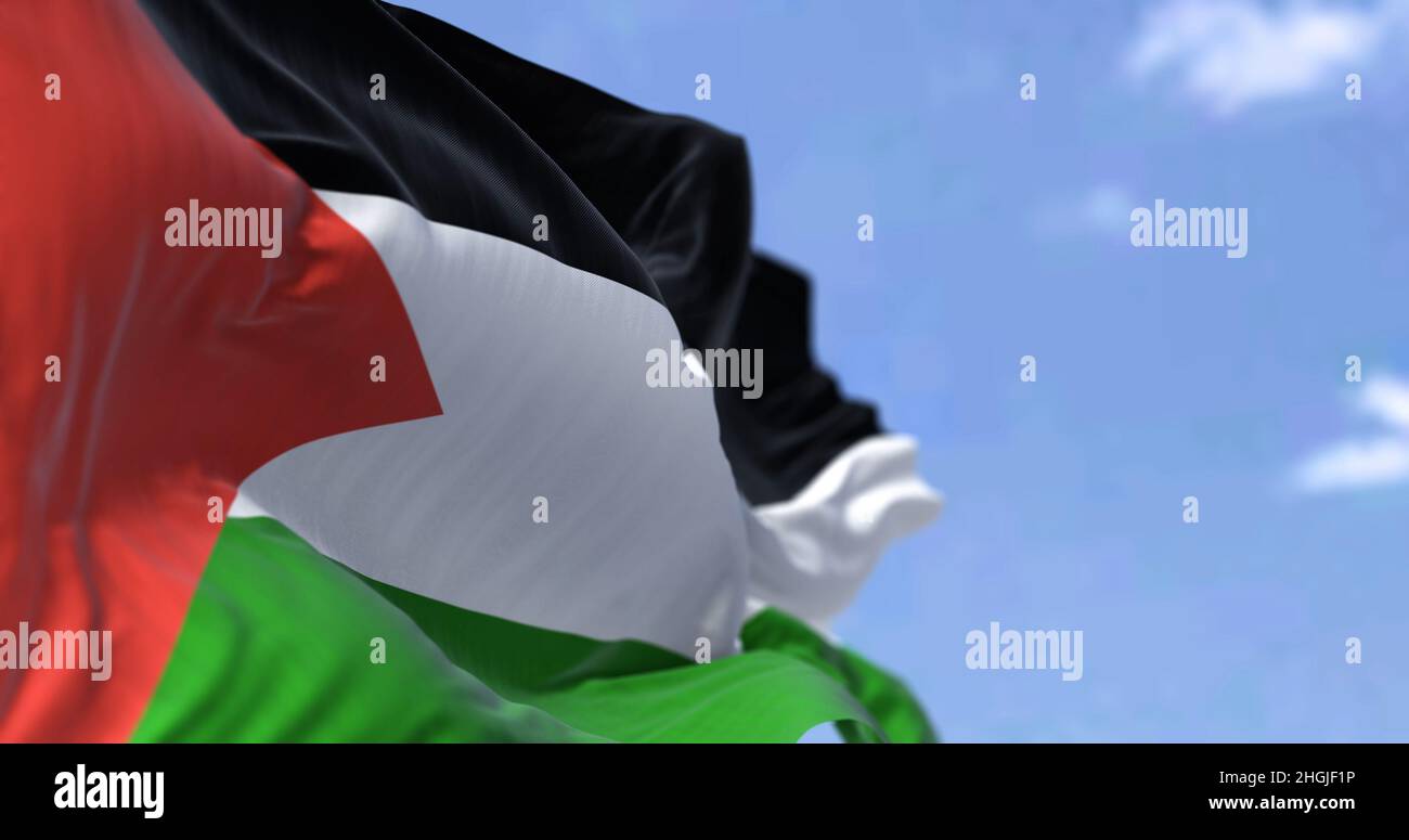 Detail der Nationalflagge Palästinas, die an einem klaren Tag im Wind winkt. Demokratie und Politik. Patriotismus. Selektiver Fokus. Stockfoto