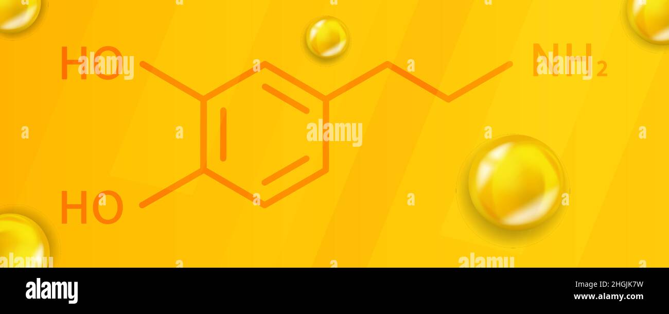 Dopamin chemische Formel. Dopamin 3D realistische chemische Molekülstruktur Stock Vektor