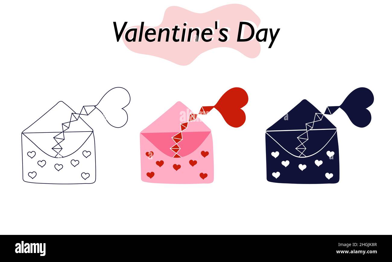 Ein offener Umschlag mit einem Liebesbekenntnis, ein Herz fliegt plötzlich aus dem Umschlag. In farbigen, einfarbigen und linearen Versionen. Ein Symbol der Liebe und ein Stock Vektor