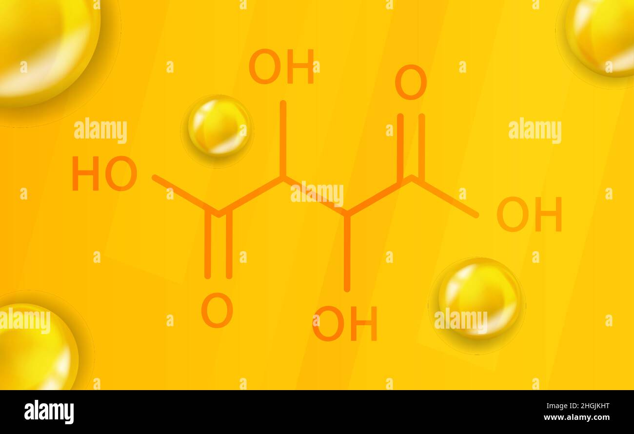 Chemische Formel für Weinsäure. Weinsäure 3D realistische chemische Molekülstruktur Stock Vektor