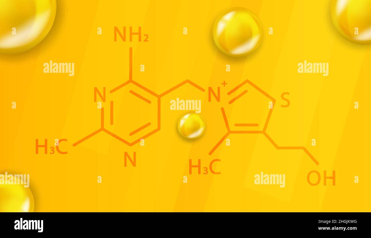 Vitamin B1 chemische Formel. Vitamin B1 realistische chemische Molekülstruktur Stock Vektor
