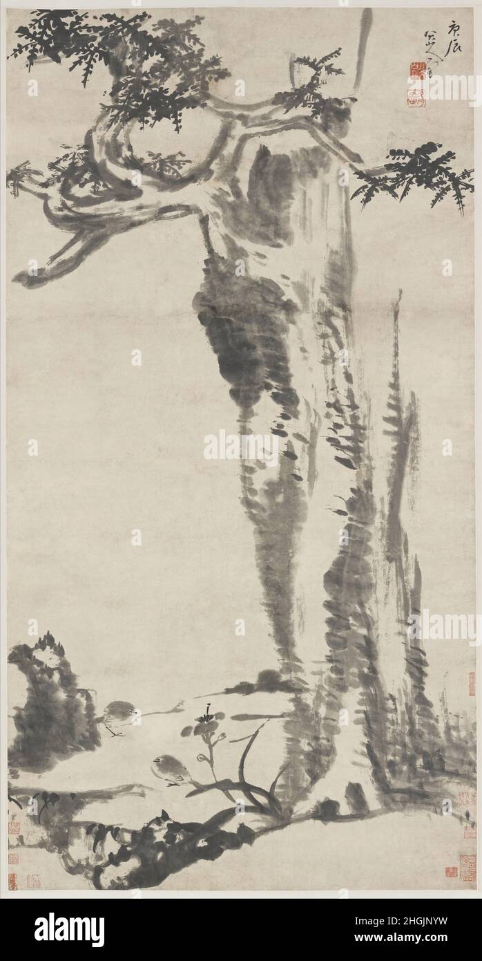 Bada Shanren (Zhu Da) - Zedernbaum, Tageslilie und Wagtails Stockfoto