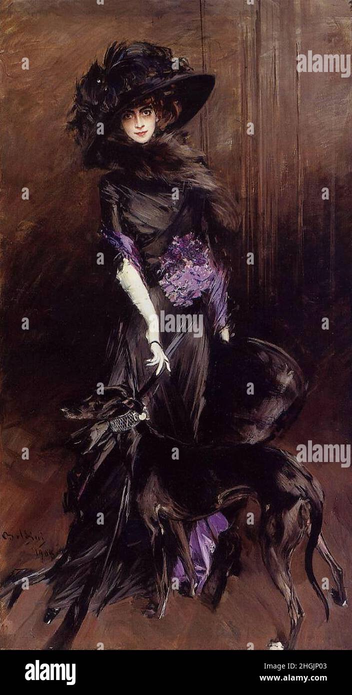 Boldini Giovanni - Privatsammlung - La Marchesa Luisa Casati con un levriero - 1908 - Öl auf Leinwand 253,4 x 140,4 cm - Stockfoto