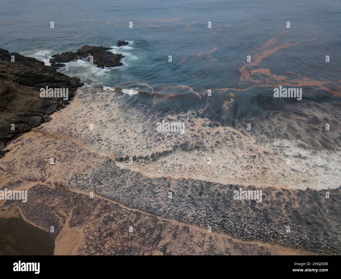 Aucallama, Peru. 21st Januar 2022. Ölflecken befinden sich am Strand und im Meer nach einem Ölteppich in der Raffinerie La Pampilla des spanischen Konzerns Repsol. Am vergangenen Wochenende sind bei der Entladung eines Tankers etwa 6000 Barrel (je 159 Liter) Öl verschüttet worden. Hohe Wellen nach dem Ausbruch des Vulkans Hunga-Tonga-Hunga-Ha'apai auf Tonga verursachten den Unfall, sagte Respol. Die peruanische Marine leitete eine Untersuchung ein. Quelle: Hidalgo Calatayud Espinoza/dpa/Alamy Live News Stockfoto