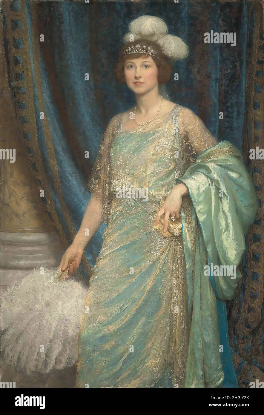 Porträt von Frau Norman Holbrook, dreiviertel, in türkisfarbenem Kleid und weißem Fächer - 1921 - Öl auf Leinwand 147,3 x 100,3 cm - Dicksee Frank Bernard Stockfoto