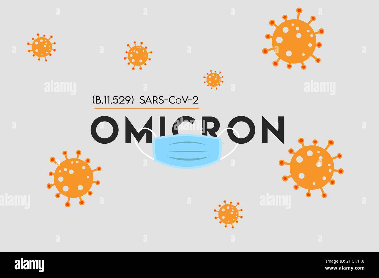 Omicron Covid-19 Coronavirus-Variante. Neuer Stamm von SARS CoV-2 (B.11,529). Poster und Vektor-Symbol des mutierten Virus, der in Südafrika entdeckt wurde. Stockfoto