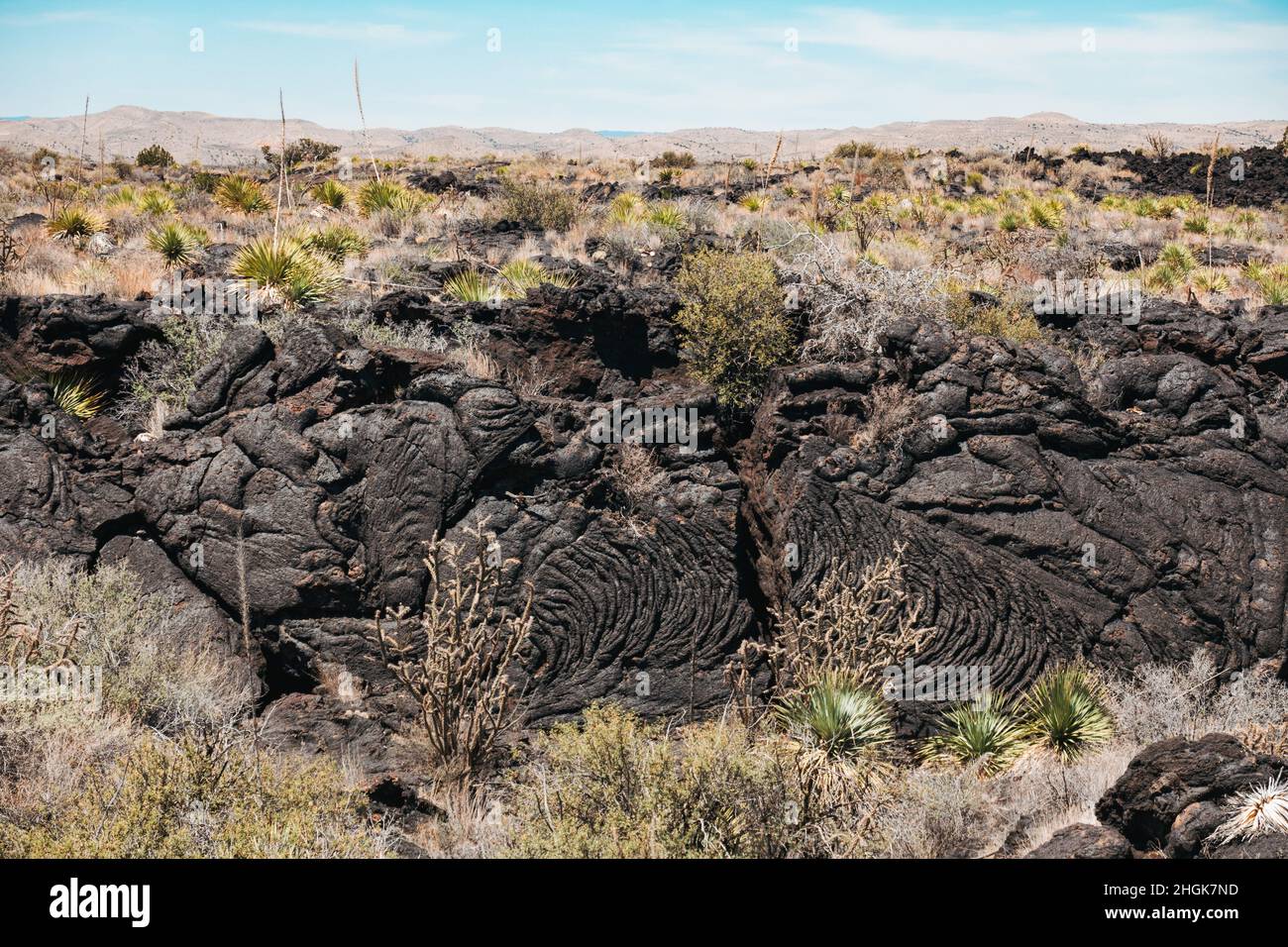 Schwarz gehärtete Lava, die vor 5.000 Jahren in das Tularosa-Becken floss und den Malpais Lava Flow in New Mexico, USA, bildete Stockfoto