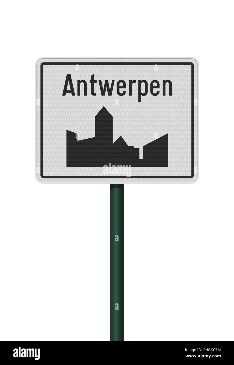 Vektordarstellung der Stadt Antwerpen (Antwerpen auf Niederländisch) weißes Straßenschild auf grünem Metallpfosten Stock Vektor