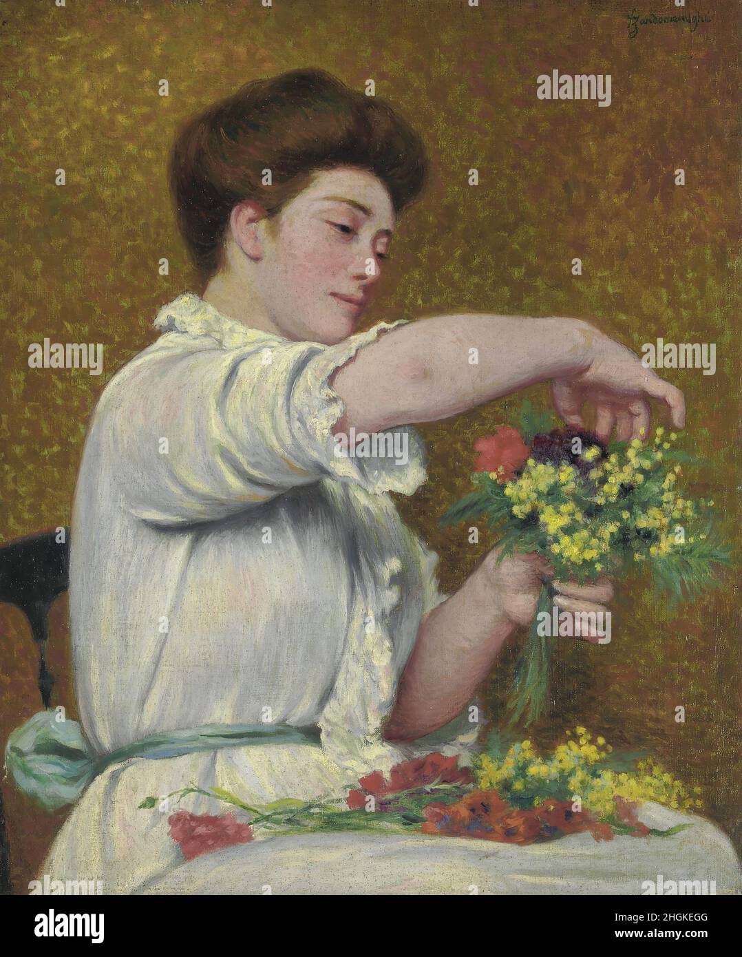 Zandomeneghi Federico - Privatsammlung - Signora che dispone i fiori - kein Datum - Öl auf Leinwand 54,5 x 46 cm Stockfoto Zandomeneghi Federico - Privatsammlung - Signora che dispone i fiori - kein Datum - Öl auf Leinwand 54,5 x 46 cm Stockfoto